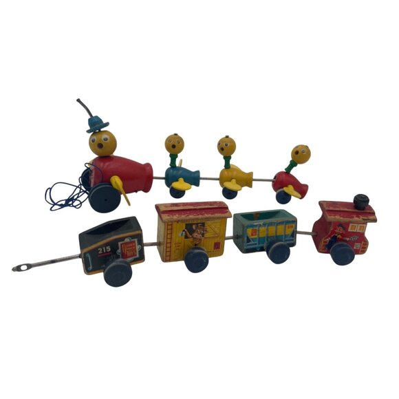 Antique Two Fisher-Price Wooden Pull Toys Train Cars & Duck Set - Picture 2 of 16